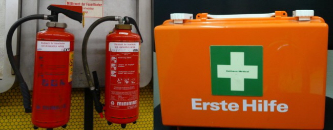 Fire extinguisher, first aid kit